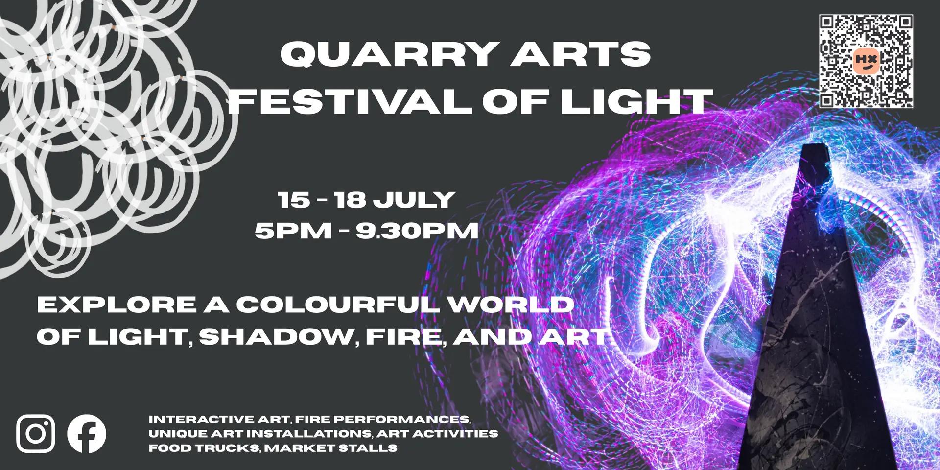 Quarry Arts Festival of Light banner poster with key event information and QR code for tickets
